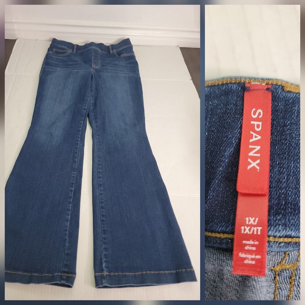 Spanx Jeans Womens 1X Blue Bootcut Wide Leg Flare High Rise Denim Pants Stretch